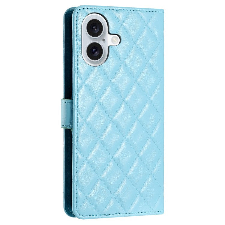 For iPhone 16 Case Rhombus Flip Folio Leather Cell Phone Cover - Blue
