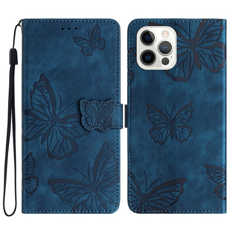 For iPhone 16 Pro Case Wallet Butterfly PU Leather Phone Cover Stand Card Holder - Blue