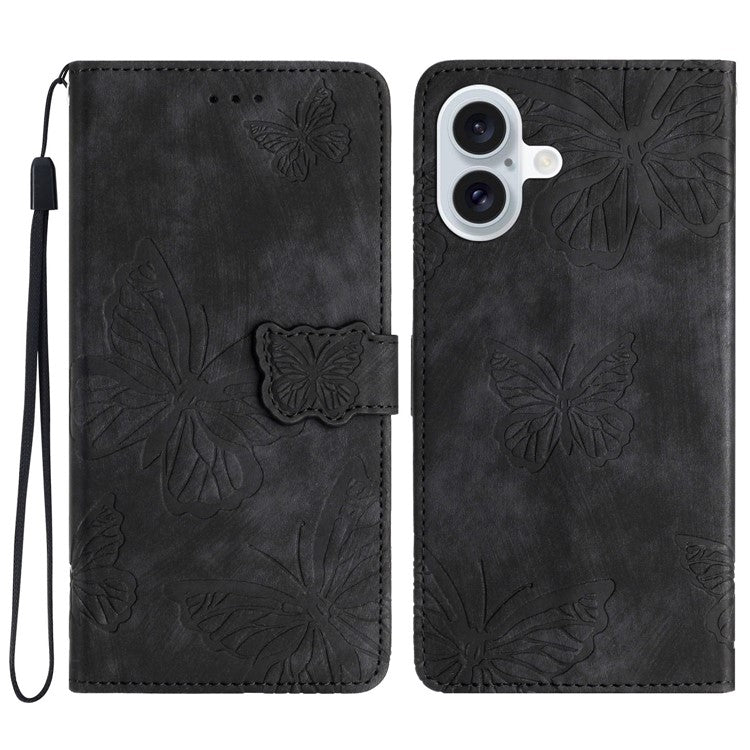 For iPhone 16 Plus Case Butterfly Flip Stand PU Leather Phone Cover - Black