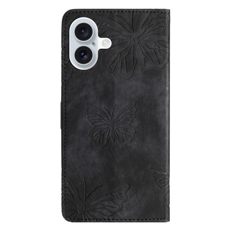 For iPhone 16 Plus Case Butterfly Flip Stand PU Leather Phone Cover - Black