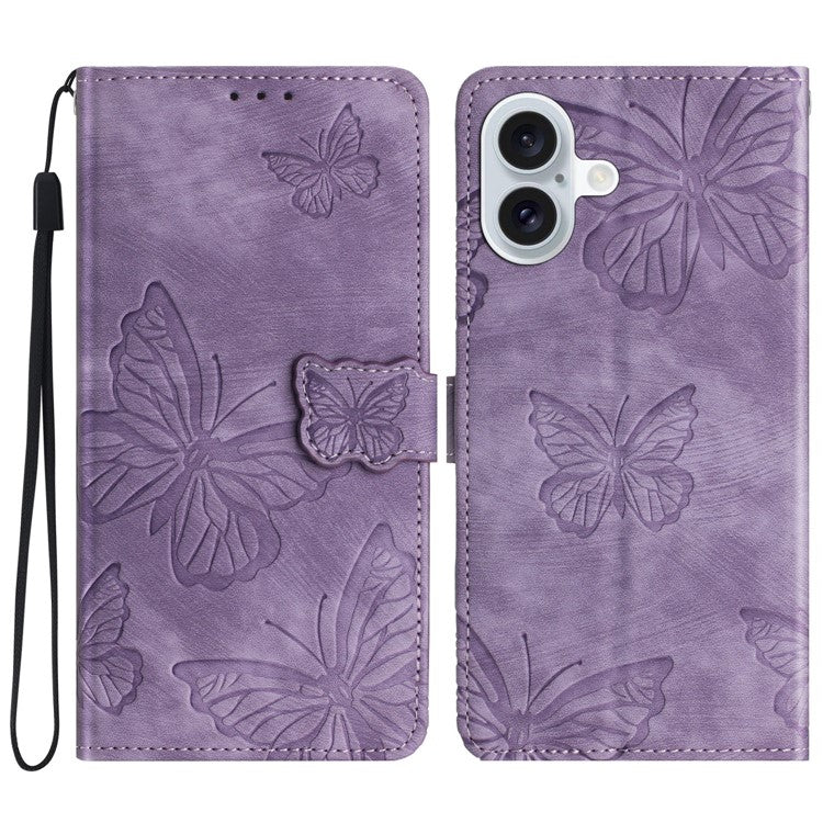 For iPhone 16 Plus Case Butterfly Flip Stand PU Leather Phone Cover - Purple