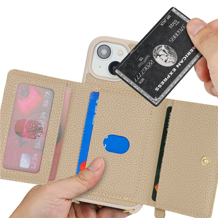 For-iPhone-14-/-13-Case-Litchi-Texture-Card-Bag-Leather+TPU-Crossbody-Phone-Cover-with-Ring-Kickstand---Beige