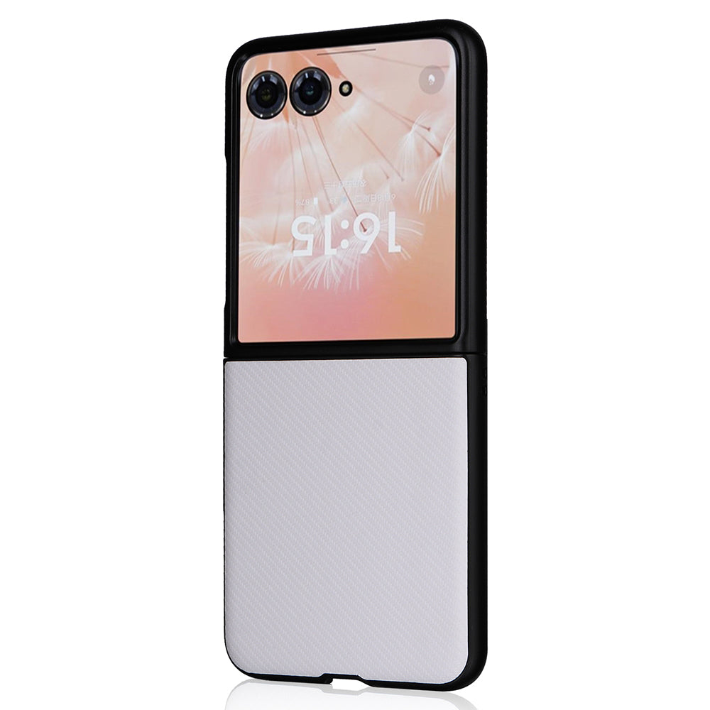 For Motorola Razr 50 Ultra 5G Case Carbon Fiber Texture PU Leather+PC Anti-shock Phone Cover - White