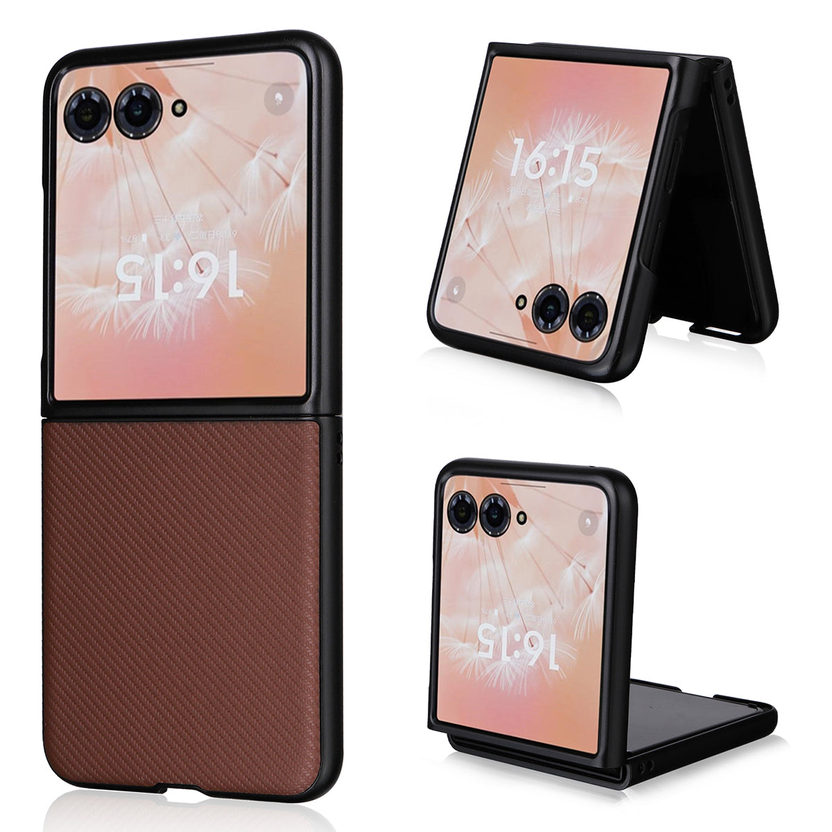 For Motorola Razr 50 Ultra 5G Case Carbon Fiber Texture PU Leather+PC Anti-Shock Phone Cover - Brown