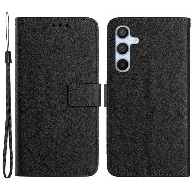 HT06 For Samsung Galaxy M35 5G Case Rhombus Litchi Texture Leather Phone Cover - Black