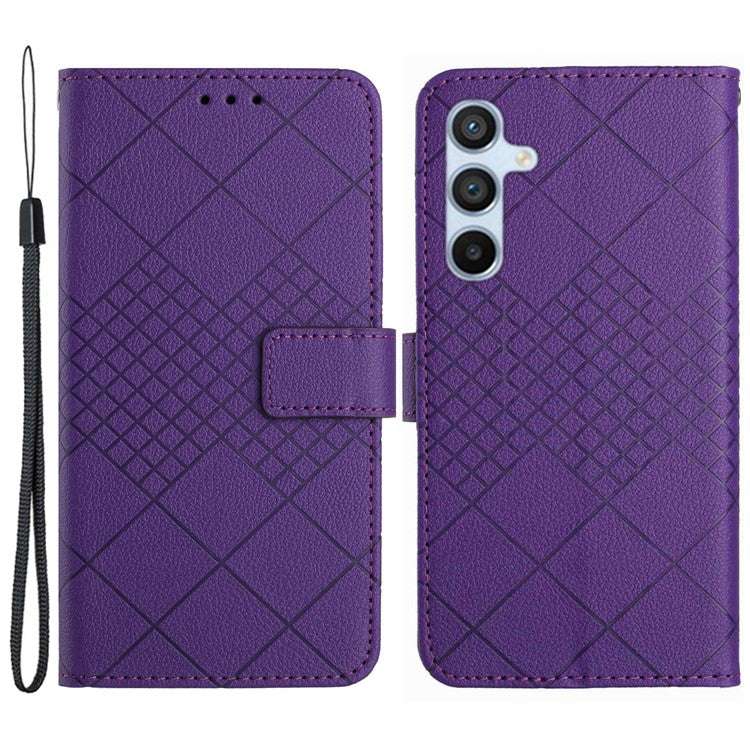 HT06 For Samsung Galaxy M35 5G Case Rhombus Litchi Texture Leather Phone Cover - Dark Purple