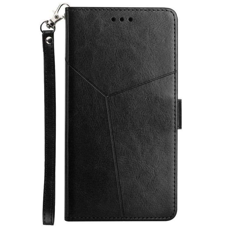 For Samsung Galaxy M35 5G Case with Wrist Strap Y Shaped Lines Imprint Leather Phone Cover - Black