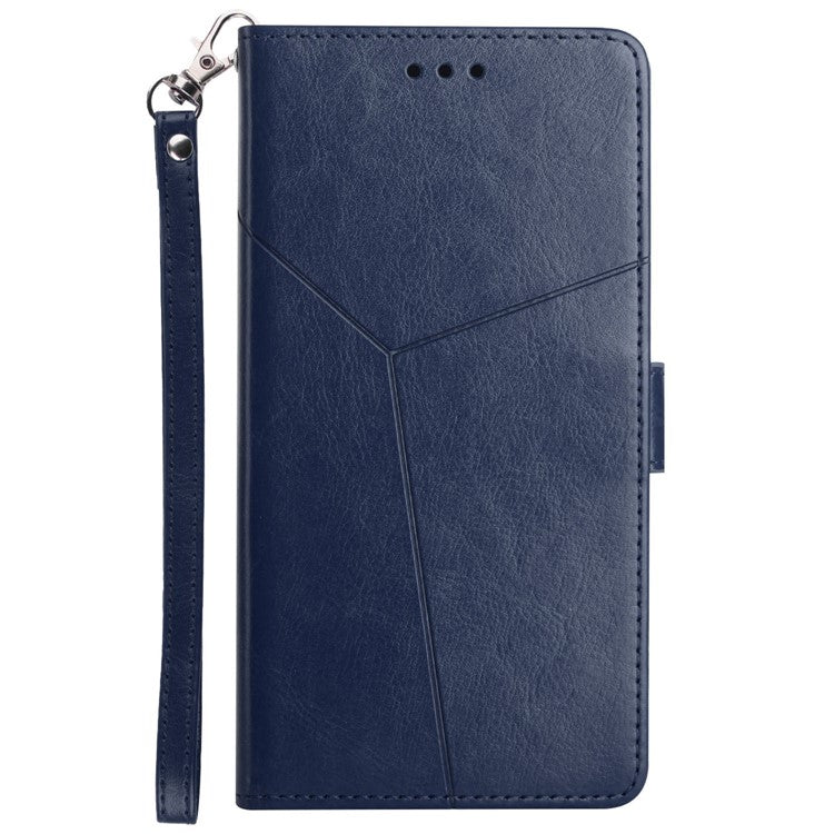 For Samsung Galaxy M35 5G Case with Wrist Strap Y Shaped Lines Imprint Leather Phone Cover - Blue
