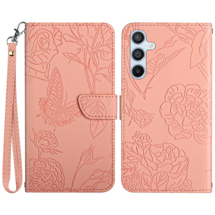 HT03 For Samsung Galaxy M35 5G Case PU Leather Butterfly Flower Phone Cover - Pink