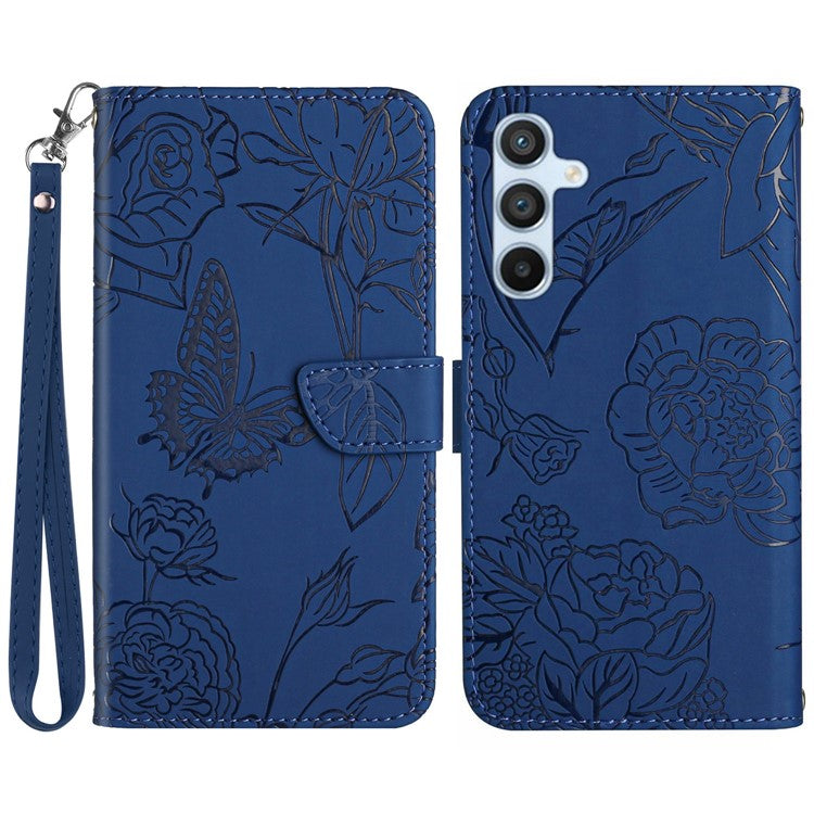 HT03 For Samsung Galaxy M35 5G Case PU Leather Butterfly Flower Phone Cover - Blue