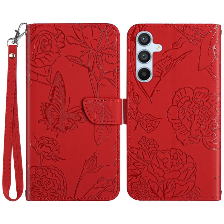 HT03 For Samsung Galaxy M35 5G Case PU Leather Butterfly Flower Phone Cover - Red