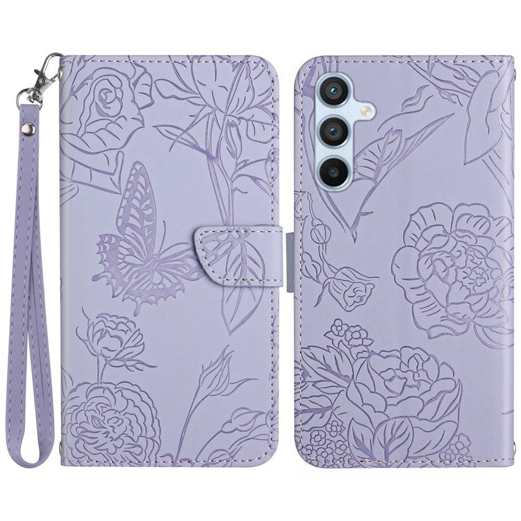 HT03 For Samsung Galaxy M35 5G Case PU Leather Butterfly Flower Phone Cover - Purple