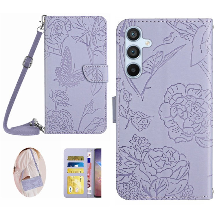 HT03 For Samsung Galaxy M35 5G Case PU Leather Butterfly Flowers Crossbody Phone Bag - Purple