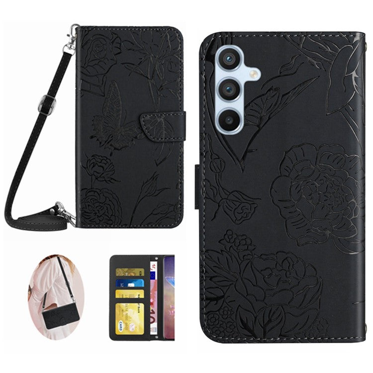 HT03 For Samsung Galaxy M35 5G Case PU Leather Butterfly Flowers Crossbody Phone Bag - Black