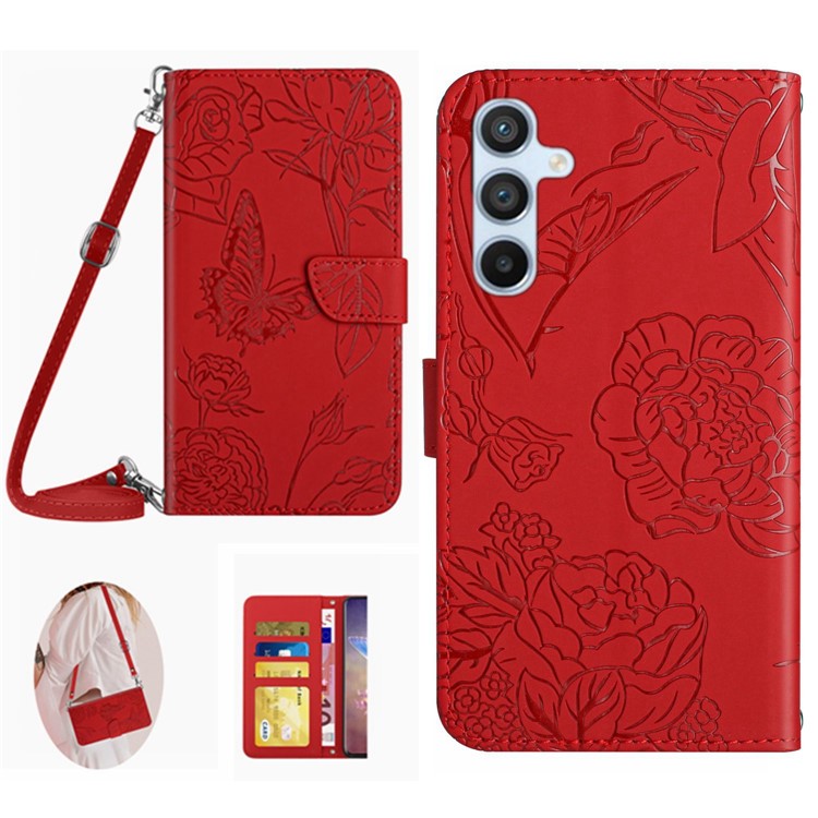 HT03 For Samsung Galaxy M35 5G Case PU Leather Butterfly Flowers Crossbody Phone Bag - Red