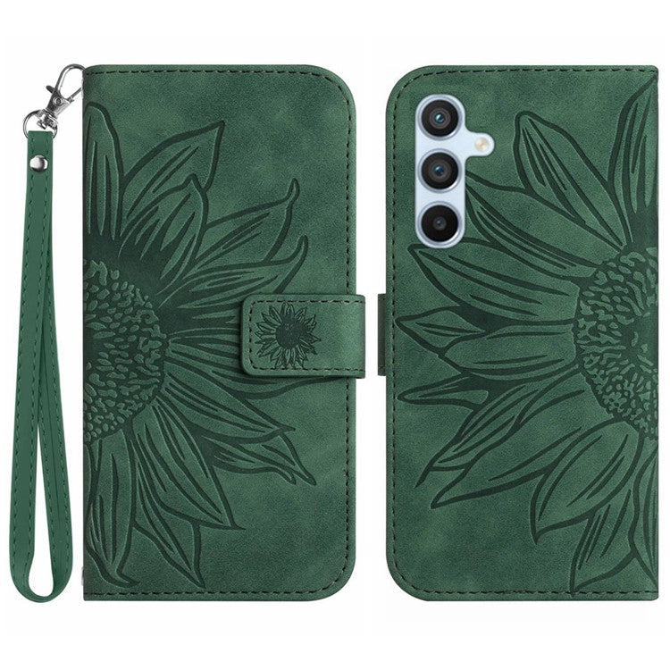 HT04 For Samsung Galaxy M35 5G Case Sunflower Leather Wallet Phone Cover - Dark Green
