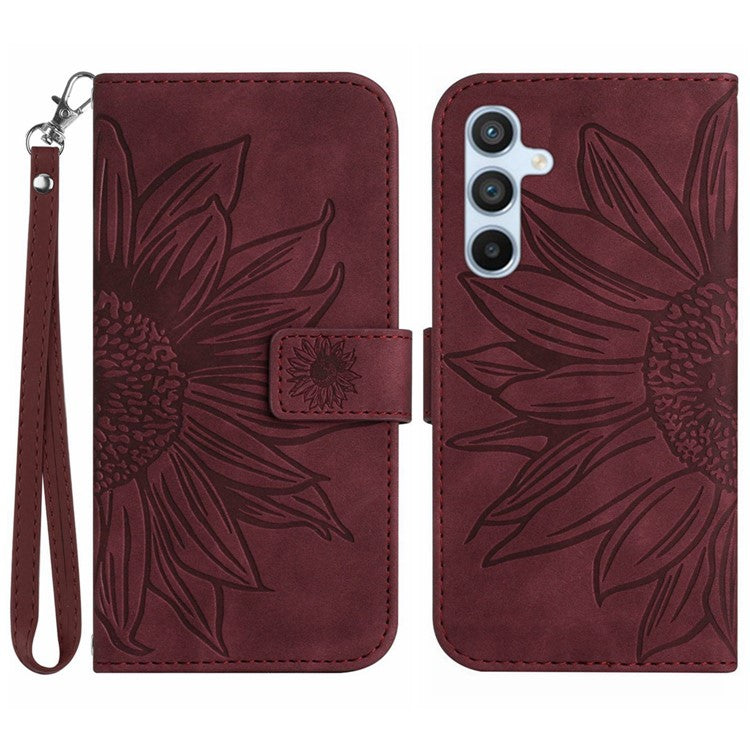 HT04 For Samsung Galaxy M35 5G Case Sunflower Leather Wallet Phone Cover - Wine Red