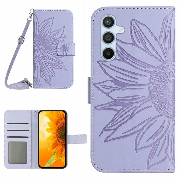 HT04 For Samsung Galaxy M35 5G Case with Shoulder Strap Sunflower Leather Phone Cover - Light Purple