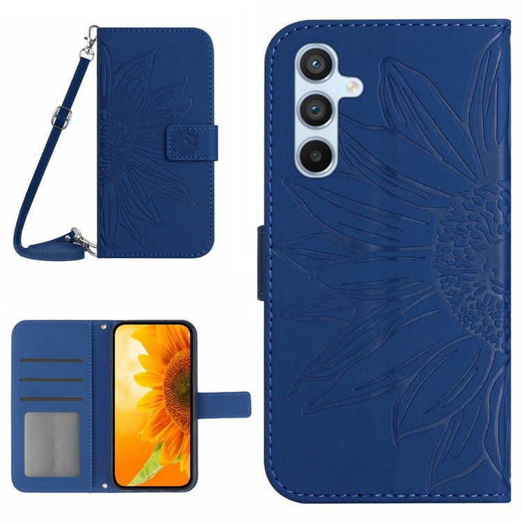 HT04 For Samsung Galaxy M35 5G Case with Shoulder Strap Sunflower Leather Phone Cover - Sapphire