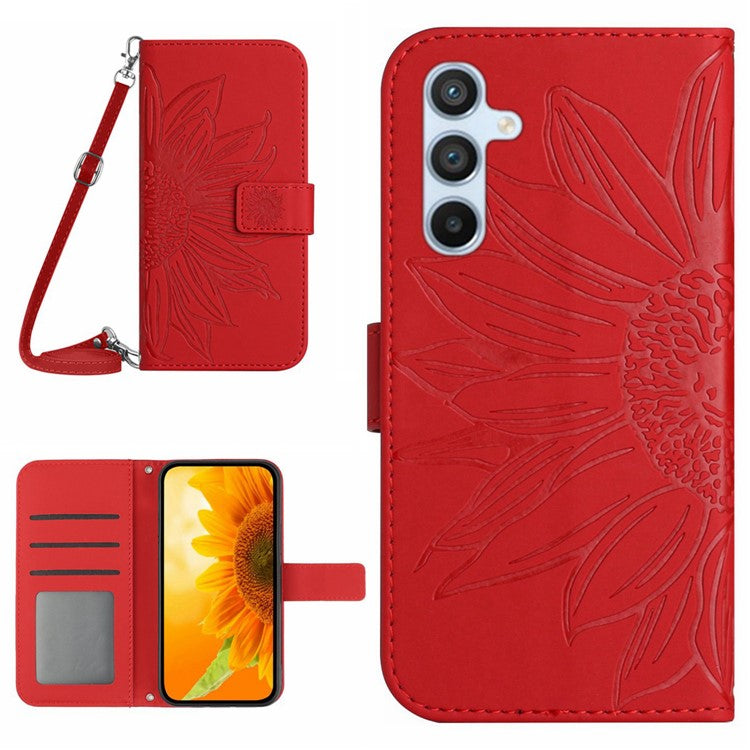 HT04 For Samsung Galaxy M35 5G Case with Shoulder Strap Sunflower Leather Phone Cover - Red