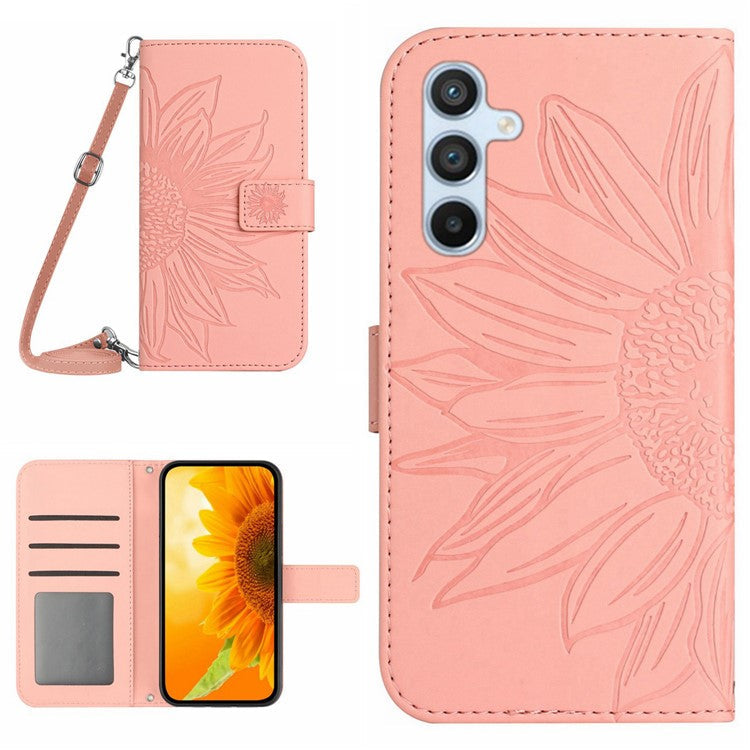 HT04 For Samsung Galaxy M35 5G Case with Shoulder Strap Sunflower Leather Phone Cover - Light Pink