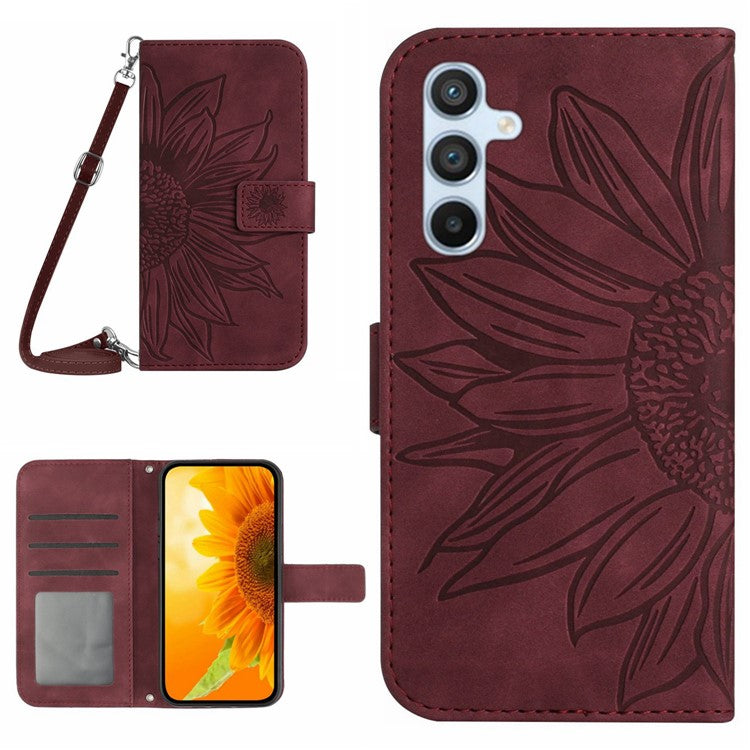 HT04 For Samsung Galaxy M35 5G Case with Shoulder Strap Sunflower Leather Phone Cover - Wine Red