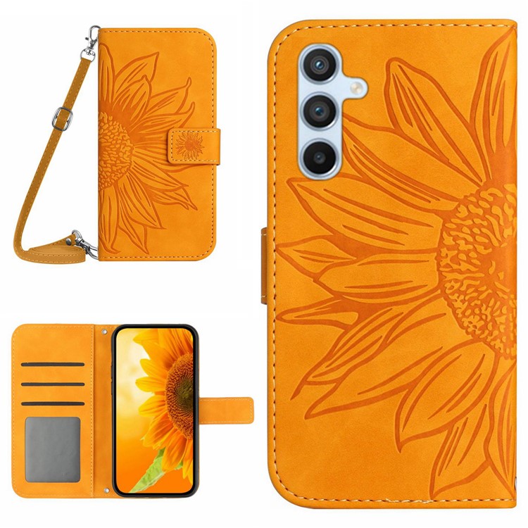 HT04 For Samsung Galaxy M35 5G Case with Shoulder Strap Sunflower Leather Phone Cover - Yellow