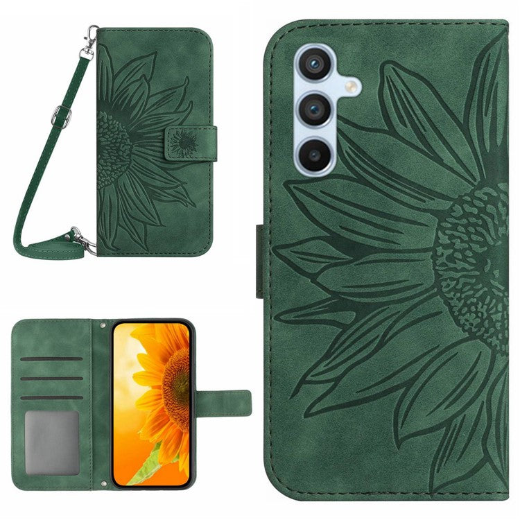 HT04 For Samsung Galaxy M35 5G Case with Shoulder Strap Sunflower Leather Phone Cover - Dark Green