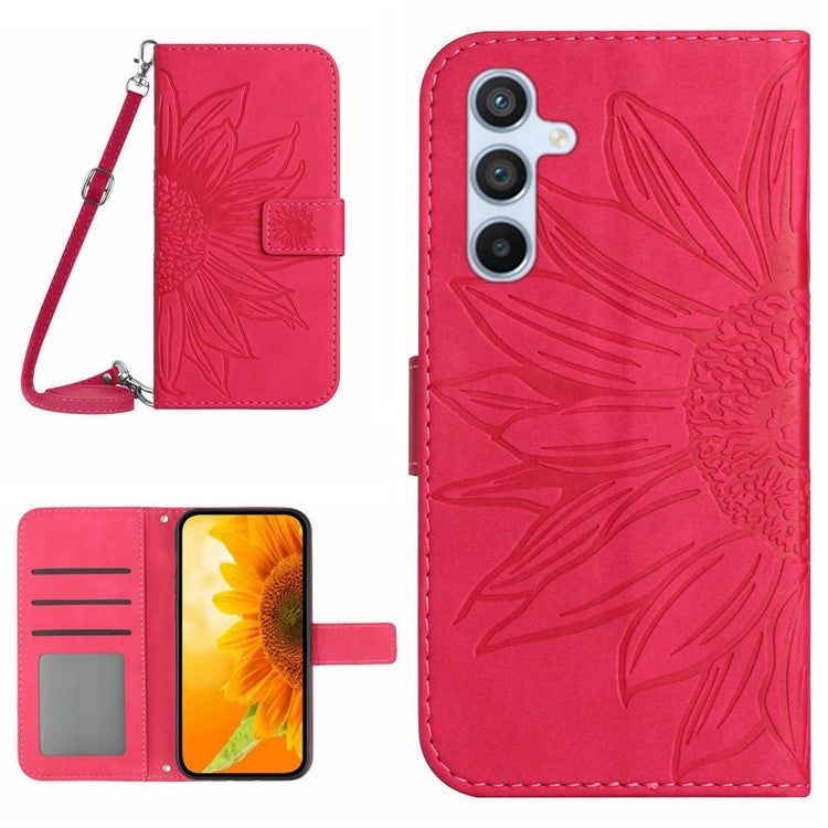 HT04 For Samsung Galaxy M35 5G Case with Shoulder Strap Sunflower Leather Phone Cover - Rose