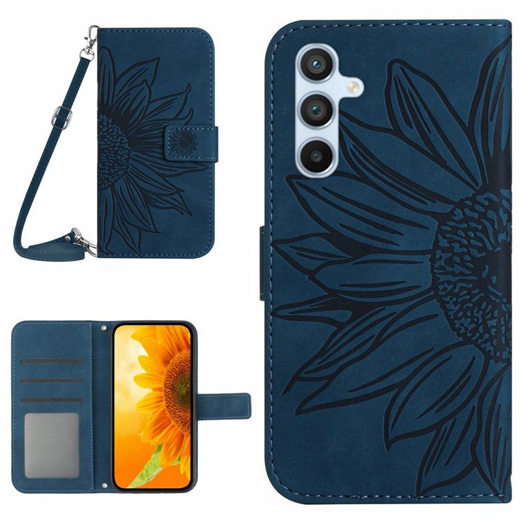 HT04 For Samsung Galaxy M35 5G Case with Shoulder Strap Sunflower Leather Phone Cover - Dark Blue