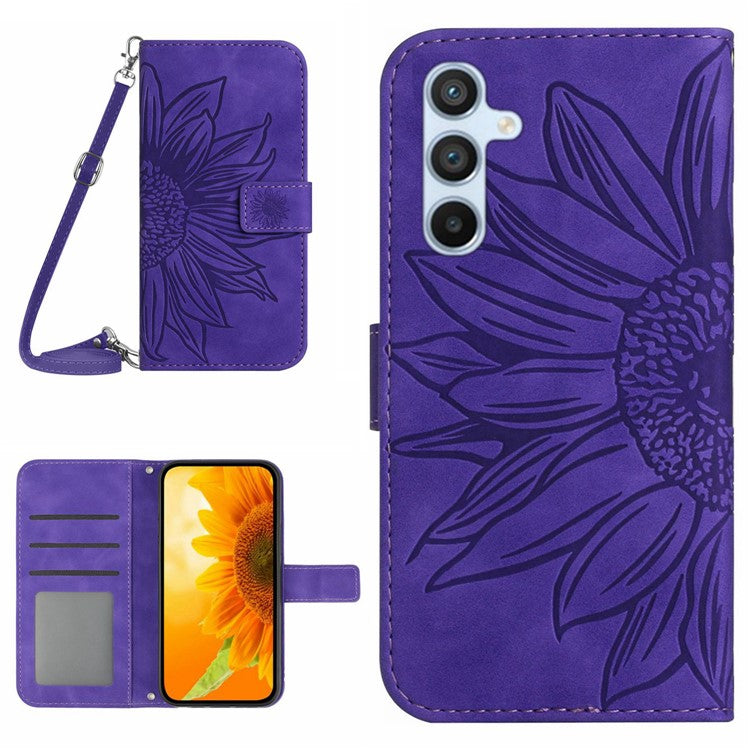 HT04 For Samsung Galaxy M35 5G Case with Shoulder Strap Sunflower Leather Phone Cover - Dark Purple