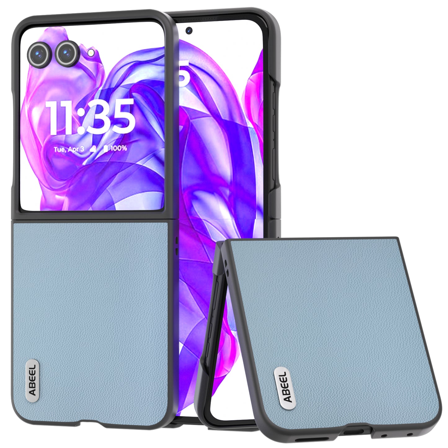 ABEEL For Motorola Razr 50 Ultra 5G Case Genuine Cow Leather PC Phone Cover Black Edge - Sky Blue