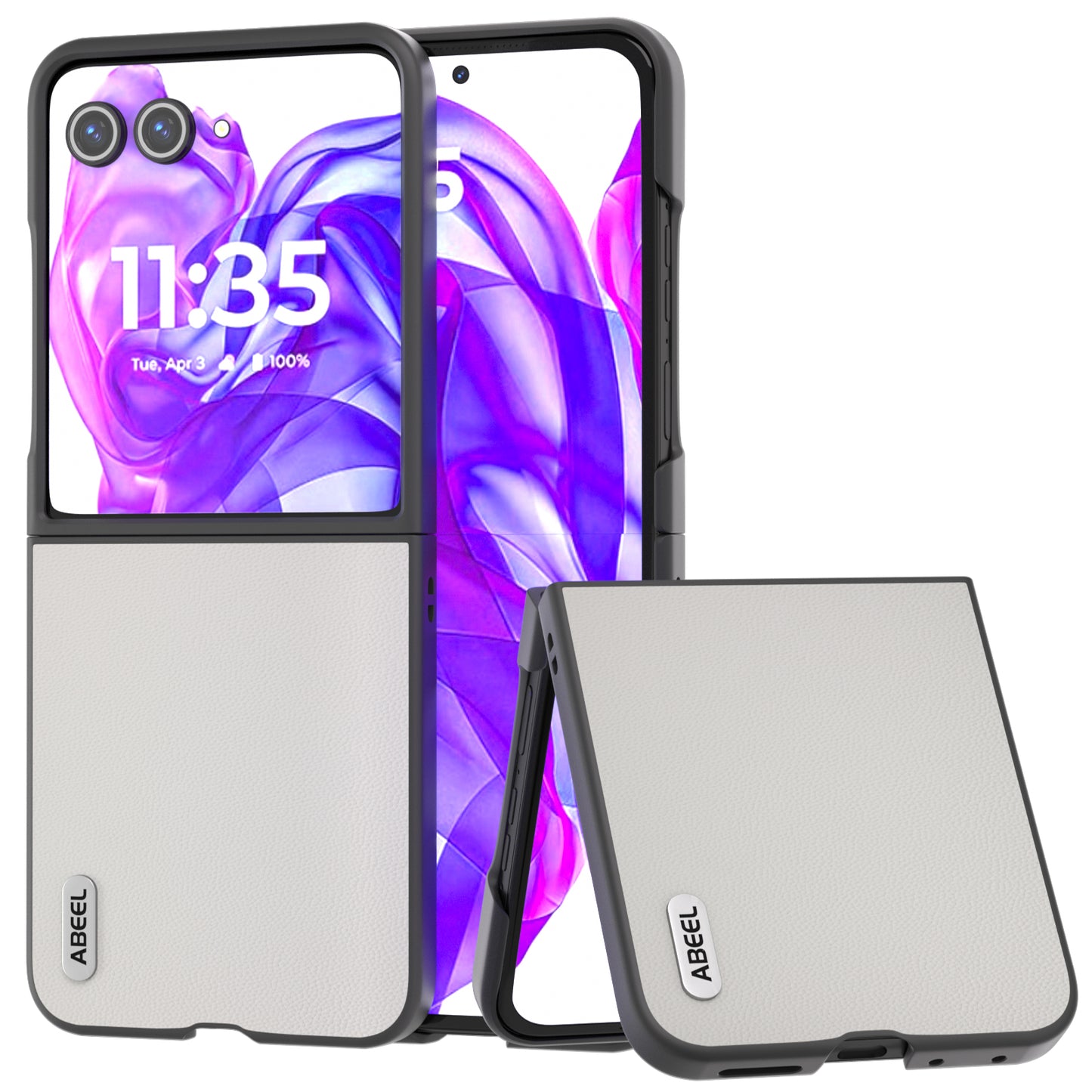 ABEEL For Motorola Razr 50 Ultra 5G Case Genuine Cow Leather PC Phone Cover Black Edge - White