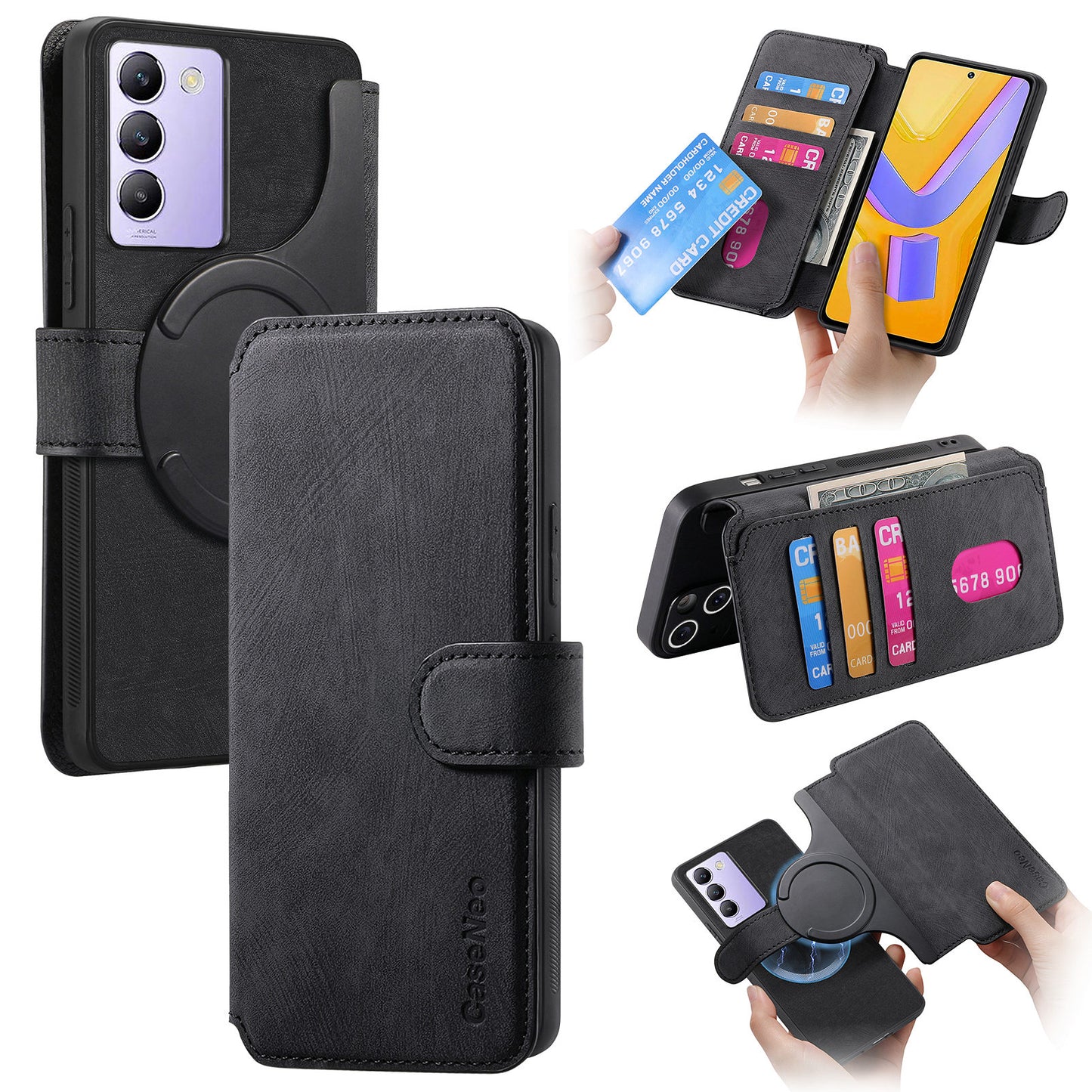 CASENEO MW-03 For vivo V40 SE 5G Case Detachable Wallet Leather+TPU Phone Cover - Black