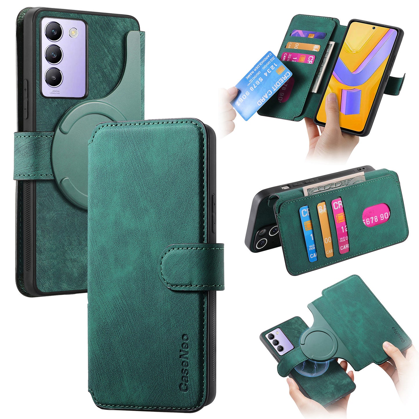 CASENEO MW-03 For vivo V40 SE 5G Case Detachable Wallet Leather+TPU Phone Cover - Green