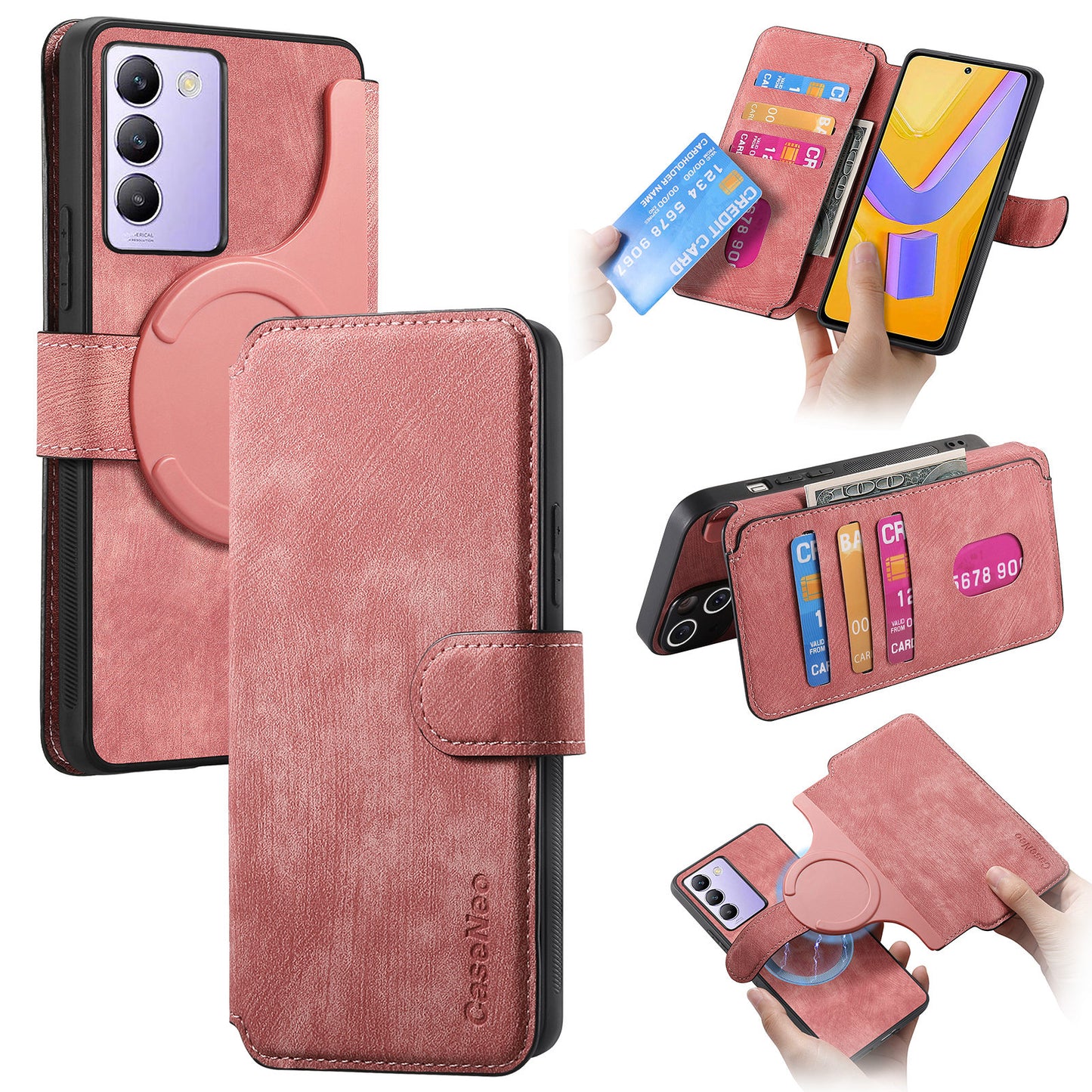 CASENEO MW-03 For vivo V40 SE 5G Case Detachable Wallet Leather+TPU Phone Cover - Pink