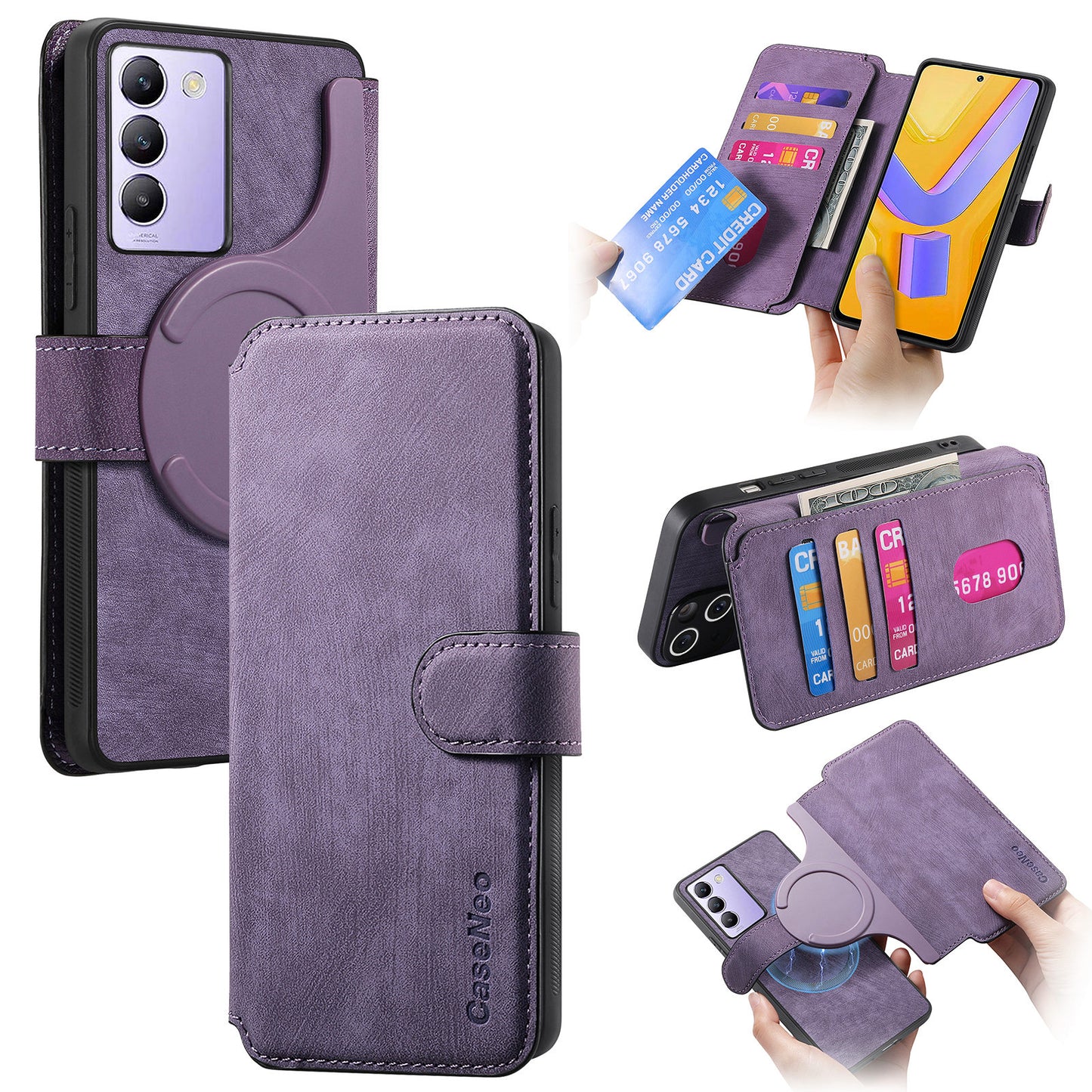 CASENEO MW-03 For vivo V40 SE 5G Case Detachable Wallet Leather+TPU Phone Cover - Purple