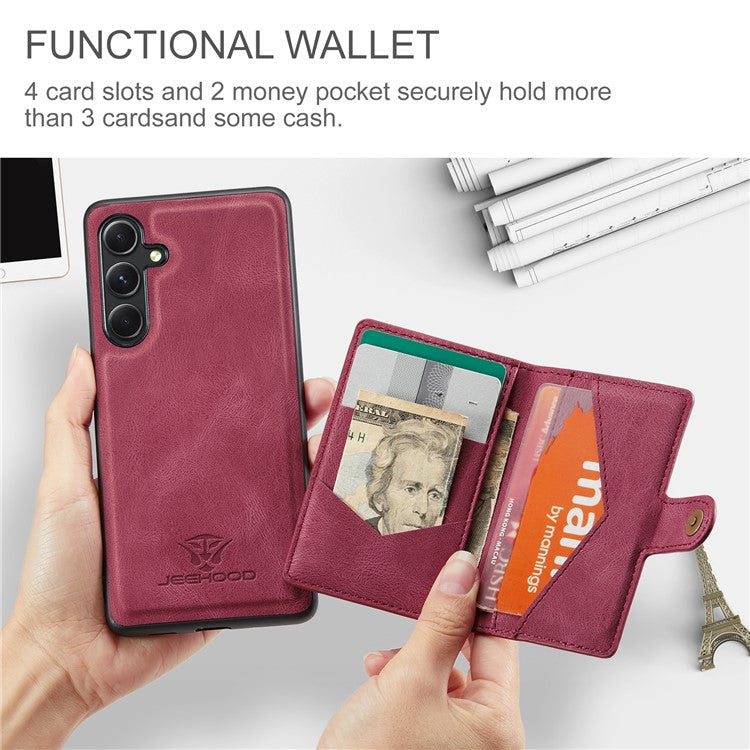 JEEHOOD J01 For Samsung Galaxy S23 FE Retro Phone Case with Detachable Magnetic Card Bag - Red
