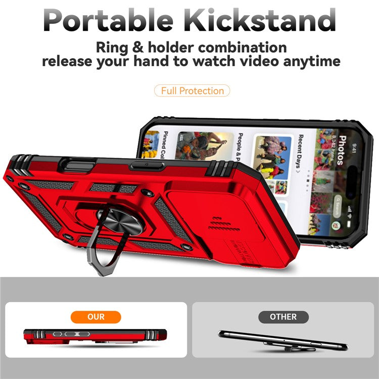For iPhone 16 Pro Case Ring Kickstand PC+TPU Phone Cover with Camshield - Red