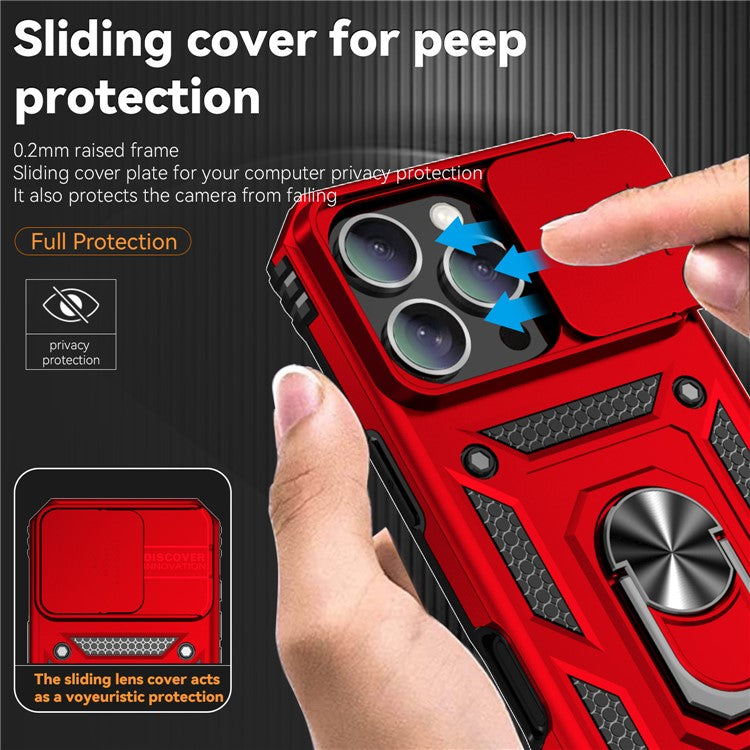 For iPhone 16 Pro Case Ring Kickstand PC+TPU Phone Cover with Camshield - Red