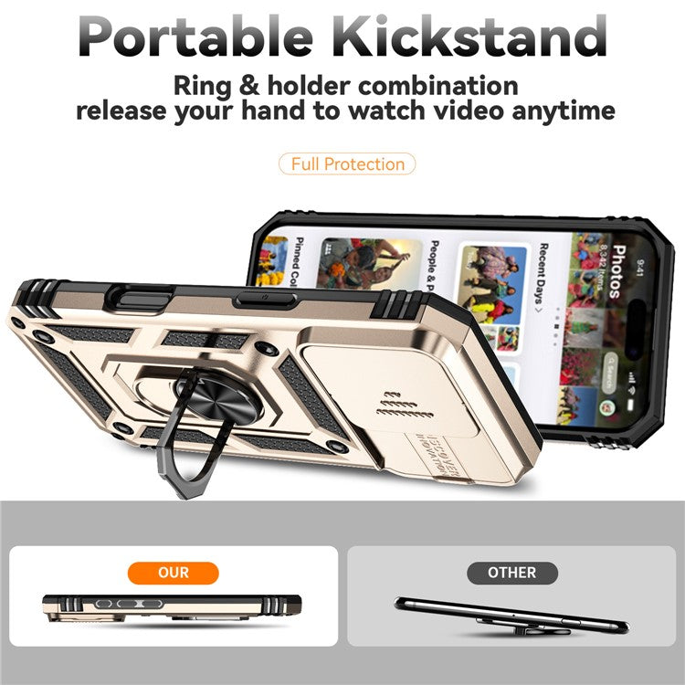 For iPhone 16 Pro Case Ring Kickstand PC+TPU Phone Cover with Camshield - Gold