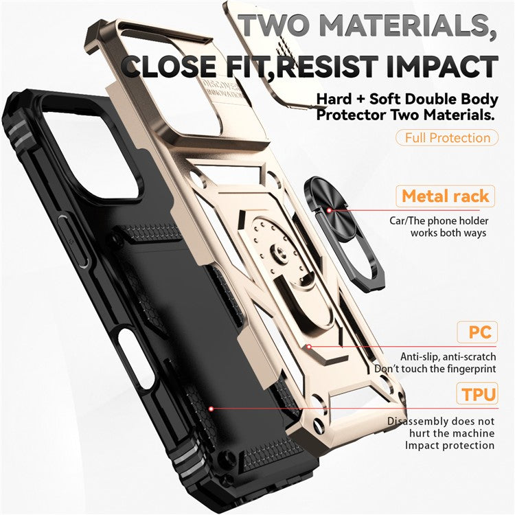 For iPhone 16 Pro Case Ring Kickstand PC+TPU Phone Cover with Camshield - Gold