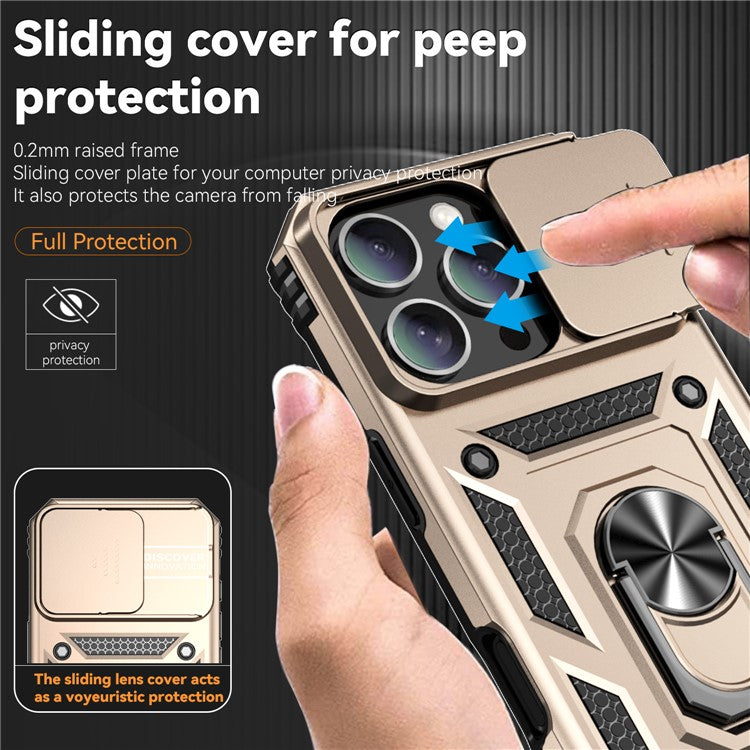 For iPhone 16 Pro Case Ring Kickstand PC+TPU Phone Cover with Camshield - Gold