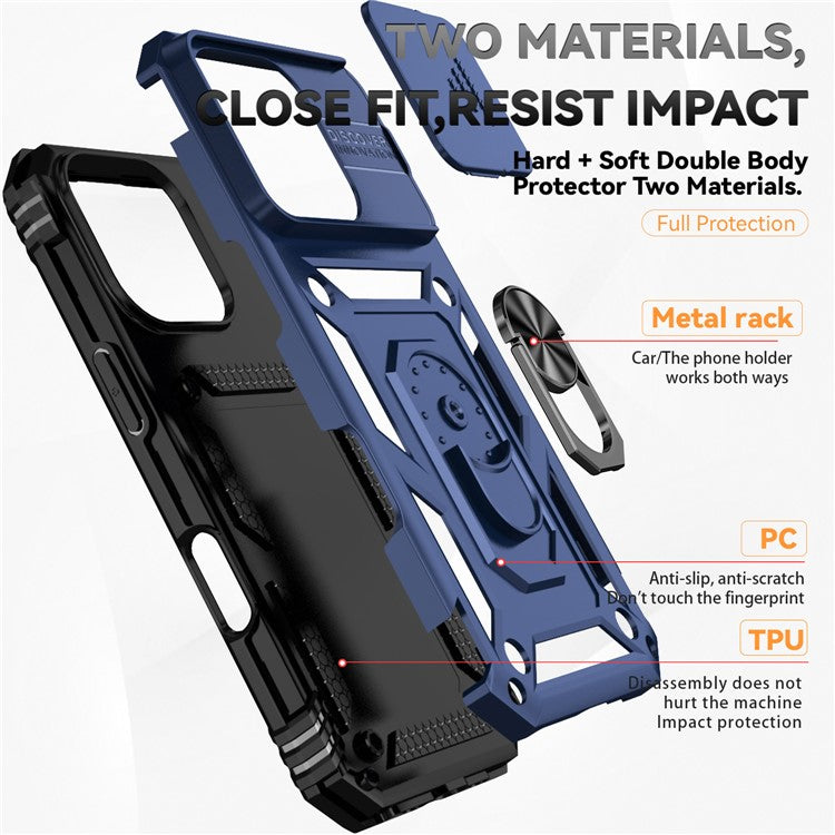 For iPhone 16 Pro Case Ring Kickstand PC+TPU Phone Cover with Camshield - Blue