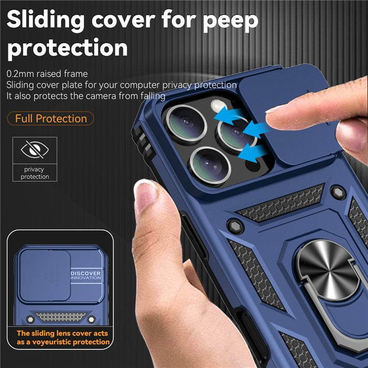 For iPhone 16 Pro Case Ring Kickstand PC+TPU Phone Cover with Camshield - Blue