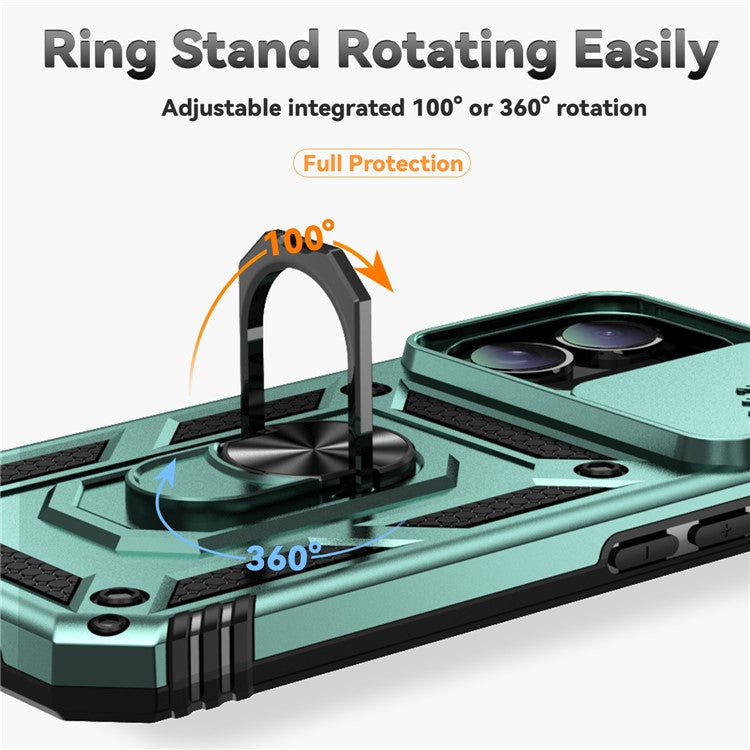 For iPhone 16 Case Ring Holder Kickstand Camshield PC+TPU Phone Cover - Blackish Green