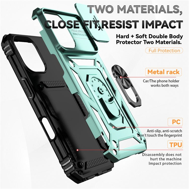 For iPhone 16 Case Ring Holder Kickstand Camshield PC+TPU Phone Cover - Blackish Green