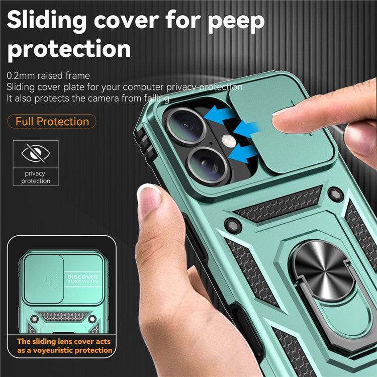For iPhone 16 Case Ring Holder Kickstand Camshield PC+TPU Phone Cover - Blackish Green