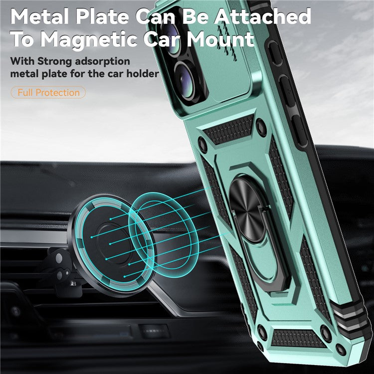 For iPhone 16 Case Ring Holder Kickstand Camshield PC+TPU Phone Cover - Blackish Green
