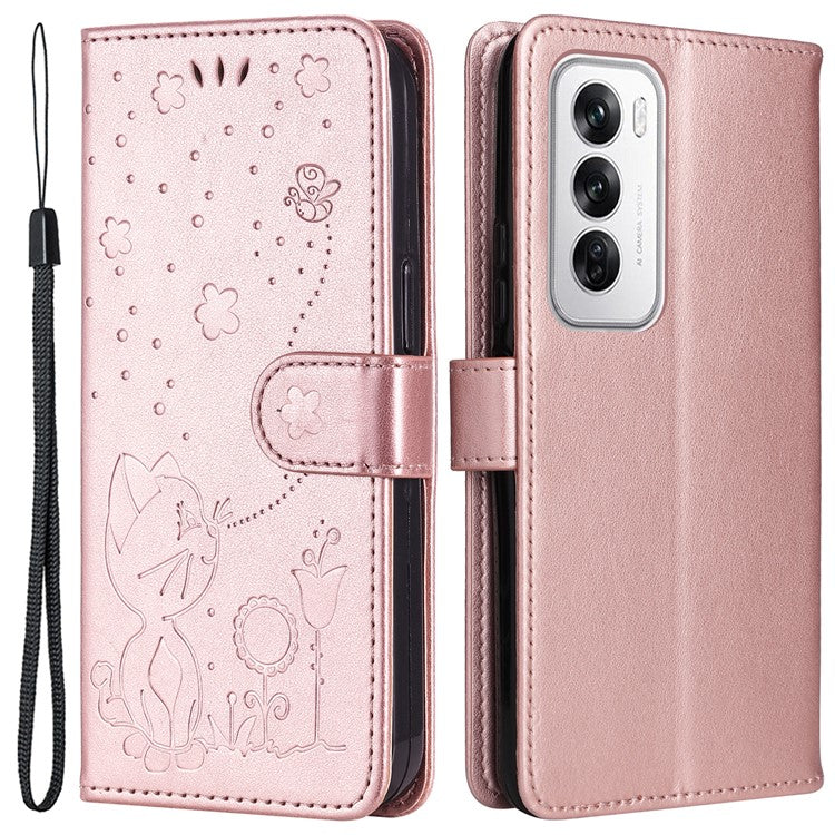 KT Imprinting Flower Series-4 For Oppo Reno12 5G (Global) Phone Case Imprinted Anti-Drop Leather Stand Cover - Rose Gold